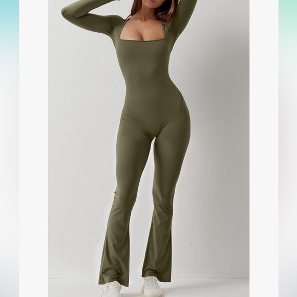 KATCH ME Square Neck Long Sleeve Seamless Shaping Flared Jumpsuit - Olive - Picture 1 of 7